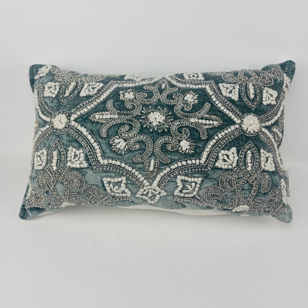 Artistic Accents Beaded Blue-Green Accent Pillow 19 x 11”